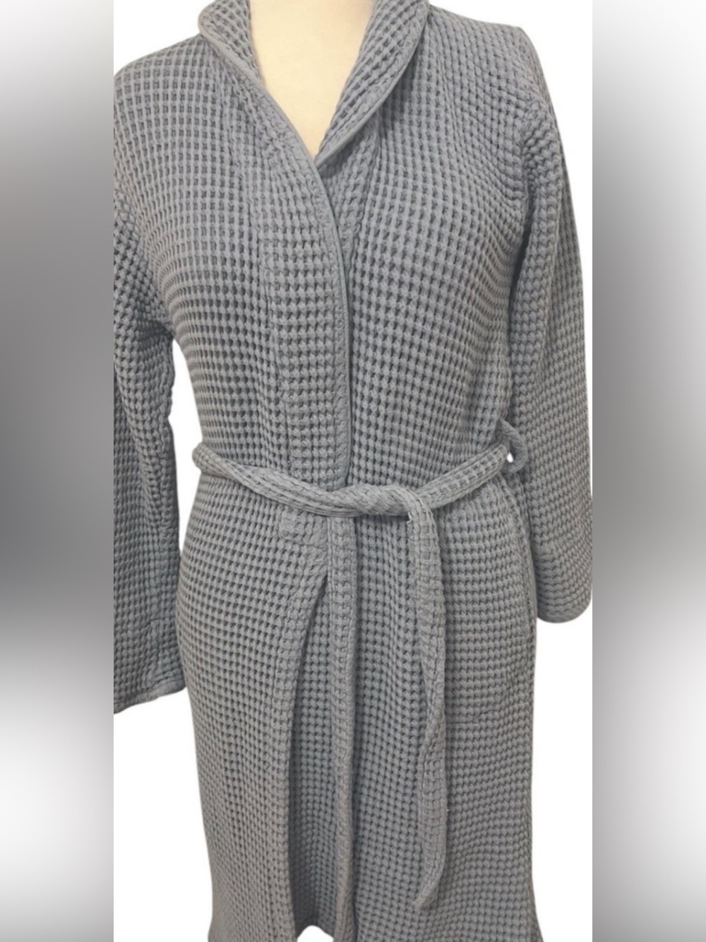 Brooklinen Waffle Knit Robe Blue Gray Cotton Spa Bathrobe Medium